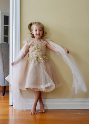Beaded Champagne Lace Tulle Flower Girl Dress With Shawl